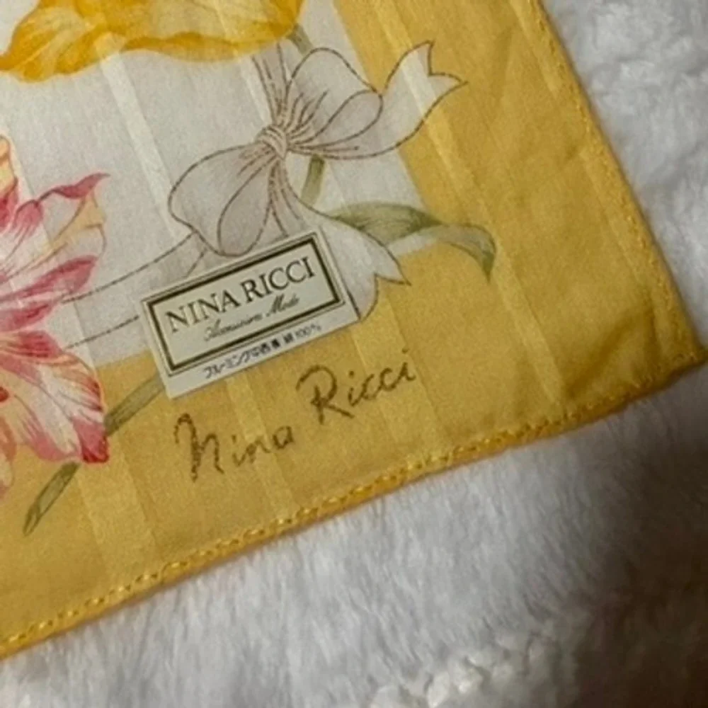 Vtg NINA RICCI Scarf Handkerchief Tulip Floral Cotton Yellow Pink 18.5